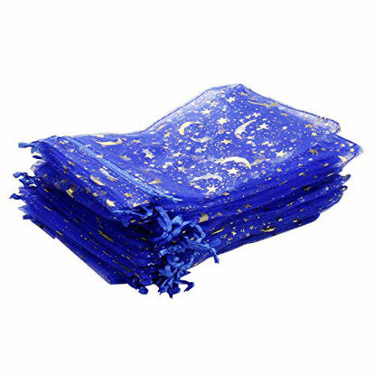 Picture of SUNGULF 100Pcs 4x6 Inches Sheer Organza Drawstring Pouches Stars and Moon Wedding Party Favor Jewelry Candy Gift Bags (Blue)