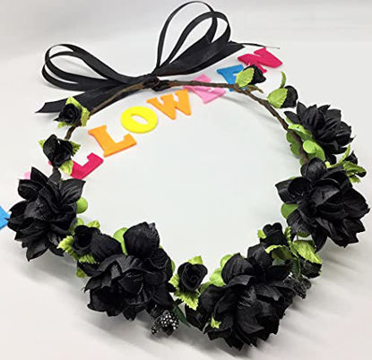 Picture of Flower Crown Floral Girls Headband - Black Womens Headpiece Wedding Bridal - Artificial Silk Roses Boho Wreath