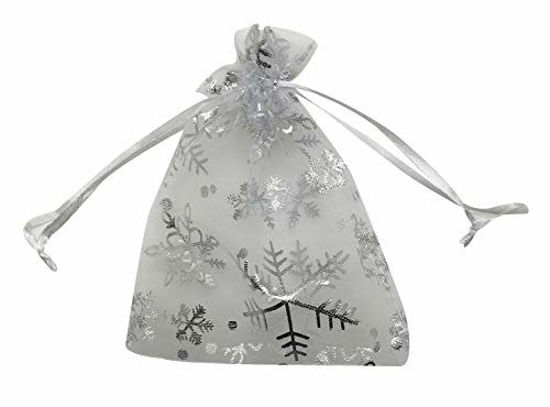 Picture of SUNGULF 100pcs Snowflake Organza Pouch Bag Drawstring Strong Christmas Gift Candy Jewelry Party Wedding Favor Bags (White Silver Snowflake, 5x7 Inch)