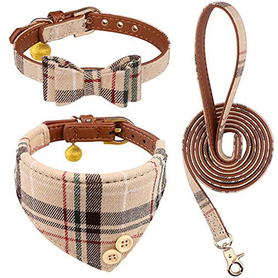 Picture of 3 PCS Dog Collars for Small Dogs Puppy Collar and Leash Set Dog Bow Tie with Bell Puppy Bandana Leather Dog Collar for Small Dogs Puppies and Cats(Beige)