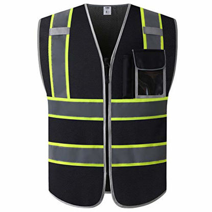 Picture of JKSafety 3 Pockets High Visibility Zipper Front Safety Vest MESH Lite | Black with Dual Tone High Reflective Strips | Meets ANSI/ISEA Standards (99-Black, Medium)