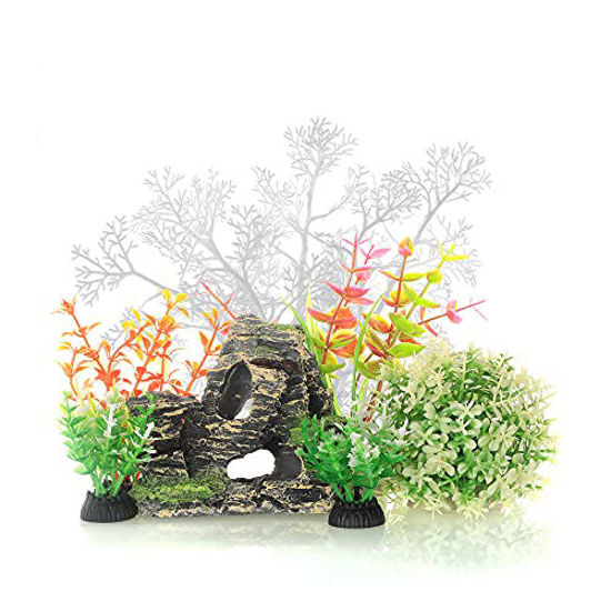 Picture of JIH Aquarium Fish Tank White Plastic Plants and Cave Rock Decorations Decor Set 7 Pieces, Small and Large Artificial Fish Tank Plants with Cave Rock (CU89White-7)