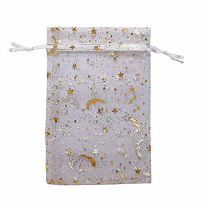 Picture of SUNGULF 100Pcs 4x6 Inches Sheer Organza Drawstring Pouches Stars and Moon Wedding Party Favor Jewelry Candy Gift Bags (White)