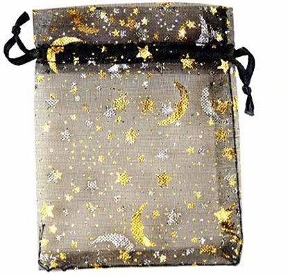 Picture of SUNGULF 100Pcs 4x6 Inches Sheer Organza Drawstring Pouches Stars and Moon Wedding Party Favor Jewelry Candy Gift Bags (Black)