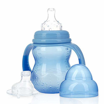 Picture of Nuby 3-Stage Wide Neck No Spill Bottle with Handles And Non-Drip Juice Spout, 3 Months, 8 Ounce, Blue