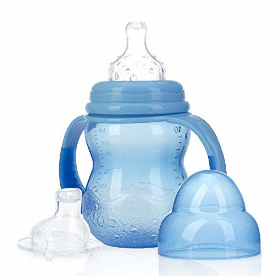 Picture of Nuby 3-Stage Wide Neck No Spill Bottle with Handles And Non-Drip Juice Spout, 3 Months, 8 Ounce, Blue