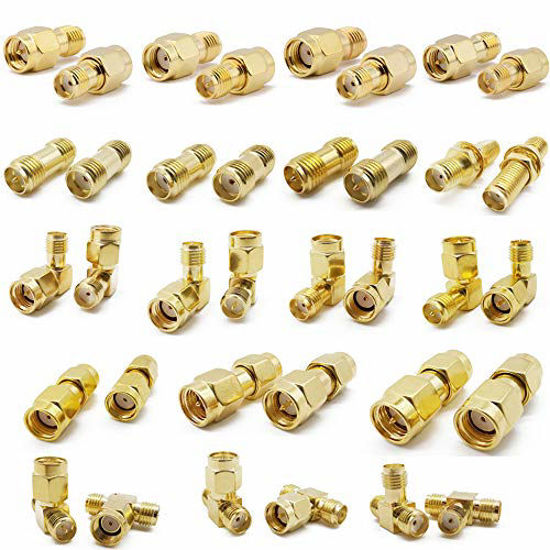 Picture of ALLiSHOP SMA Connectors kit 18 Type SMA RP-SMA Adapter Plug and Jack Straight and 90° SMA Connector Goldplated Brass RF Coax Connectivity Set for FPV Antennas Radio Baofeng Yaesu IP Camera Project