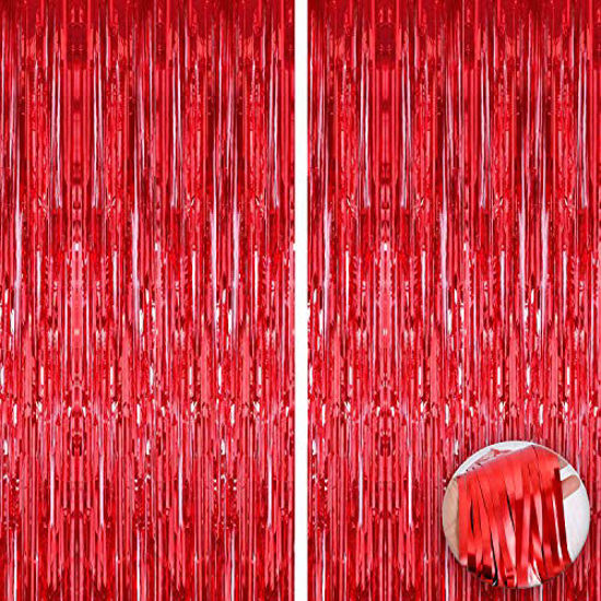 Picture of XtraLarge 6.4x8 Feet Red Streamers Red Party Decorations - Big 2 Pieces, Red Foil Fringe Curtain | Red Fringe Backdrop, Red Fringe Curtain for Red Streamers Party Decorations, Red Streamer Backdrop