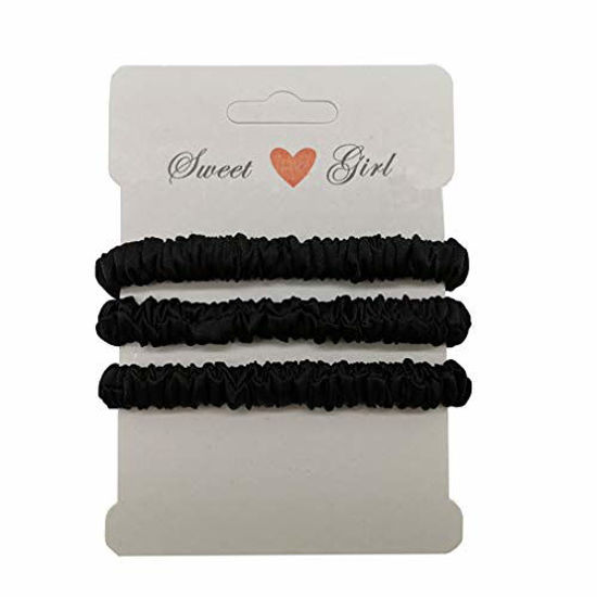 Picture of MAXFEEL 100% Pure Muberry Silk Hair Scrunchie Small Silk Scrunchy Skinny Hair Ties for Breakage Prevention Black 3 Pack