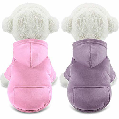 Picture of 2 Pieces Winter Dog Hoodie Warm Small Dog Sweatshirts with Pocket Cotton Coat for Dogs Clothes Puppy Costume (Pink, Light Purple,S)
