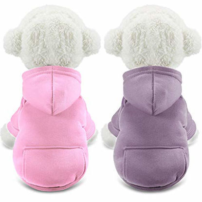 Picture of 2 Pieces Winter Dog Hoodie Warm Small Dog Sweatshirts with Pocket Cotton Coat for Dogs Clothes Puppy Costume (Pink, Light Purple,S)