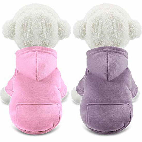 Picture of 2 Pieces Winter Dog Hoodie Warm Small Dog Sweatshirts with Pocket Cotton Coat for Dogs Clothes Puppy Costume (Pink, Light Purple,S)