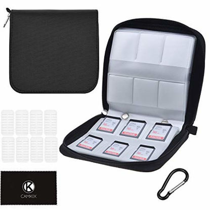 Picture of Memory Card Case - Fits up to 88x SD, SDHC, Micro SD, Mini SD and 4X CF - Holder with 88 Slots (8 Pages) - for Storage and Travel - Microfiber Cleaning Cloth, Carabiner and Labels Included (Black)