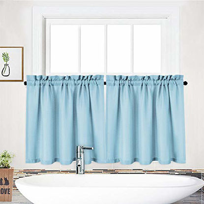 Picture of NANAN Tier Curtains,Waffle Weave Textured Tailored Short Curtains for Bathroom Waterproof Window Covering Kitchen Cafe Curtains - 30" x 24", Dusty Blue, Set of 2