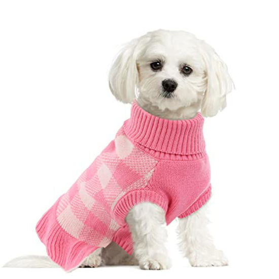 GetUSCart- Dog Sweater Dress, Turtleneck Pullover Knitwear Warm Girl Dogs  Coat for Fall Winter Cute Classic Plaid Pattern Princess Style Knit Clothes  for Small Medium Female Dogs Puppy Pet Leash Hole(Pink,Red)