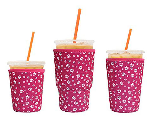 Picture of 3 Pack Reusable Iced Coffee Sleeves - LOVAC Insulator Sleeve for Cold Beverages, Neoprene Cup Holder for Starbucks Coffee, Dunkin Coffee More (Pink paw)