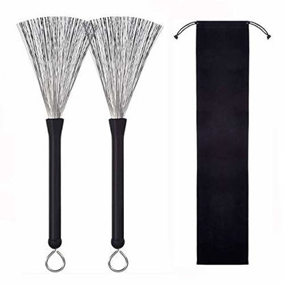Picture of 1 Pair Drum Brushes Retractable Drum Wire Brushes Drum Sticks Brush with Comfortable Aluminum Handles, Perfect Gift for Drummer Playing, Beginner Practicing, Youth Rock Bands, Students, Adults (Black)