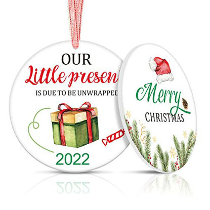 Picture of Baby Due Date 2022 Christmas Ornament Little Present Xmas Tree Decoration Ceramic Ornament Presents for Baby Shower Pregnancy Announcement Parents Family Friend Gift (Merry Christmas)