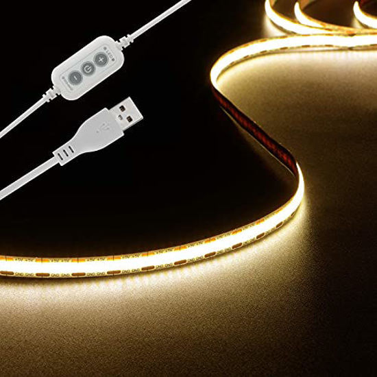 GetUSCart- 5V USB LED Strip Lights 4.9ft, 480 LEDs Dimmable COB LED Strip  Light 3000K 1200lm, Warm White CRI80+ USB Strip Light, Flexible Led Rope  Lights for TV Backlight, Bedroom, Cabinet, Kitchen