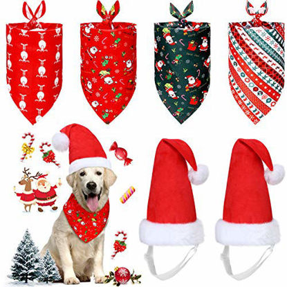 Picture of Dog Santa Hat and Bandana 2 Pieces Adjustable Christmas Pet Hat and 4 Pieces Pet Triangle Bandana Scarf Pet Kerchief Bib Christmas Patterns Accessories for Small Medium Large Dog (Santa and Socks)