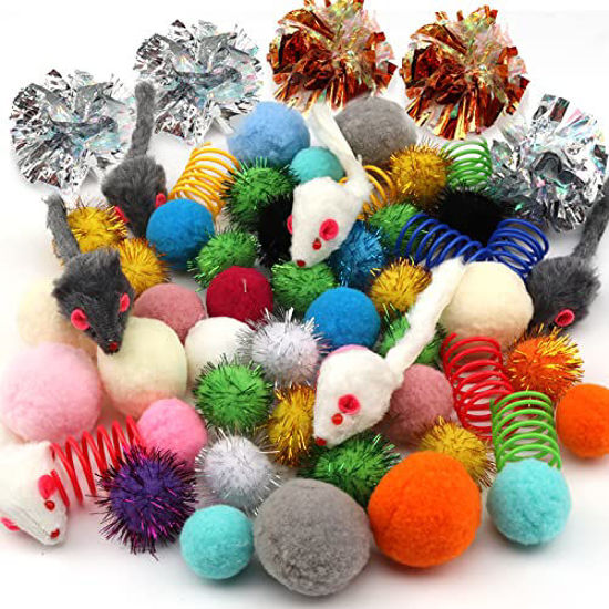 GetUSCart PietyPet 60 Packs Cat Toys Balls Set Spiral Springs Assorted Kitten Ball Toys Assortments Sparkle Ball Cat Mouse Toy Cat Crinkle Balls Cat Springs Furry Cat Toys Balls Soft Pom Pom