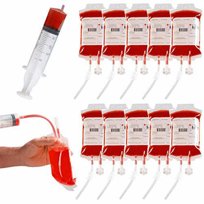 Picture of 10 Packs Halloween Blood IV Bag Reusable Energy Drink Container Juice Pouch Prop Cups For Zombie Theme Party Decoration with Syringe and Clips, 12.6 fl.oz (10pcs Bag, 10 Label, 1 Syringes)