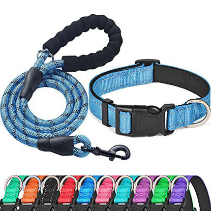 Picture of Ladoogo Reflective Dog Collar Padded with Soft Neoprene Breathable Adjustable Nylon Dog Collars for Small Medium Large Dogs (Collar+Leash S Neck 12"-16", Vivid Blue)