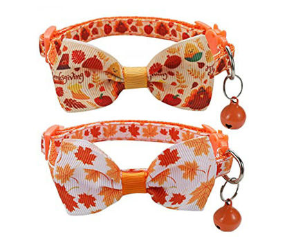 Picture of 2 Pack Fall Cat Bowtie Collar with Bell, Thanksgivng Holiday Kitty Kitten Collars for Boys Girls Males Female Cats