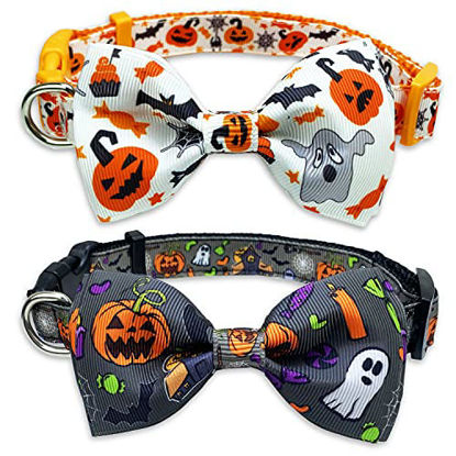 Picture of 2 Pack Halloween Dog Collar with Bowtie, Holiday Jack-O-Lantern and Pumpkin Collar for Small Medium Large Dogs Pets Puppies (Large)
