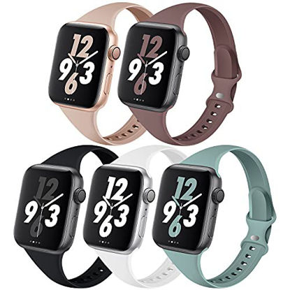 Picture of 5 Pack Bands Compatible with Apple Watch 38mm 40mm 41mm, Slim Thin Narrow Replacement Silicone Sport Strap for iWatch Series SE 7/6/5/4/3/2/1 SE, Milk Tea/Smoke Violet/Black/White/Cactus 38/40/41mm