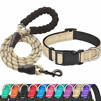 Picture of Ladoogo Reflective Dog Collar Padded with Soft Neoprene Breathable Adjustable Nylon Dog Collars for Small Medium Large Dogs (Collar+Leash M Neck 16"-19", Vanilla)