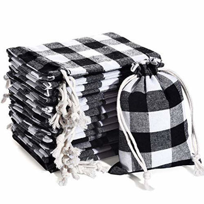 Picture of 24 Pieces Christmas Buffalo Plaid Drawstring Bag Plaid Burlap Bags Christmas Drawstring Bags Washable Cotton Xmas Bag for Candy Wrapper Birthday Christmas Party Favor (Black and White)