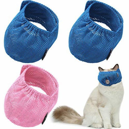 Picture of Weewooday 3 Pieces Cat Muzzles Breathable Mesh Muzzles Cat Grooming Restraint Bags with Muzzle Anti Bite Anti Meow for Prevent Cats from Biting (Blue, Pink)