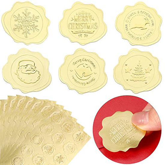 Picture of 480 Pieces Christmas Gold Embossed Wax Seal Stickers Gold Foil Christmas Stickers Xmas Envelopes Letter Stickers Envelopes Self Seal for Christmas, Baby Shower, Winter Holiday, Wedding Gifts