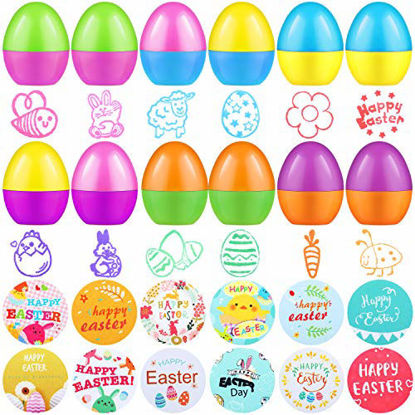 Picture of Easter Sticker Roll and Stampers Set Include 12 Pieces Easter Theme Colorful Egg Stamps and 500 Pieces Bunny Pattern Stickers for Easter Basket Filler, Egg Filler, Easter Party and Classroom Activity