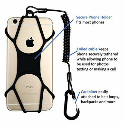 Picture of Rugged Phone Lanyard Holder with Coiled Strap Tether and Gated Carabiner for Hiking, Climbing, Skiing, Outdoors, School, Travel, Clip to Belt Loop, Clothing, Backpack, Compatible with Most Cell Phones