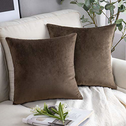 Picture of Phantoscope Pack of 2 Velvet Decorative Throw Pillow Covers Soft Solid Square Cushion Case for Couch Dark Coffee 18 x 18 inches 45 x 45 cm