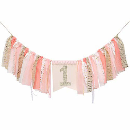 Picture of 1st Birthday Banner For Baby - Pink Party Theme Pull Flaghighchair Banner - Flag On The Cake, Birthday Banner - Photo Booth Props, Cute Party Favor Supplies (Pink 1st banner)