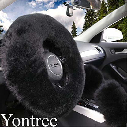 Picture of Yontree Fashion Fluffy Steering Wheel Covers for Women/Girls/Ladies Australia Pure Wool 15 Inch 1 Set 3 Pcs (Black)