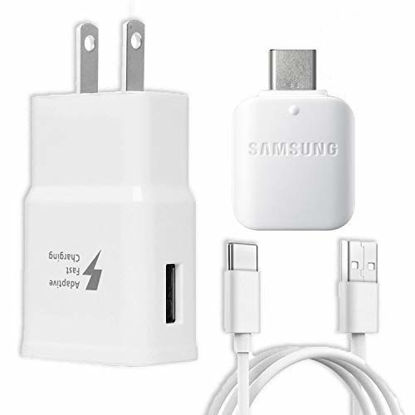 Picture of Samsung Fast Adaptive Wall Adapter Charger for Galaxy S10 S9 Plus Note 9 S8 Note 8 EP-TA20JBE - 10 Foot Type C/USB-C Cable and OTG Adapter - White