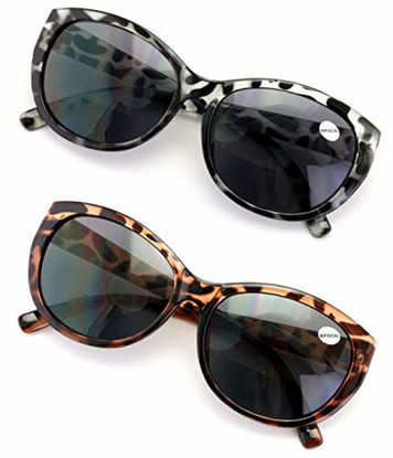 Picture of 2 Pairs Women Bifocal Reading Sunglasses Reader Glasses Cateye Vintage Jackie Oval (1 Grey Leopard 1 Brown Leopard, 1.25)