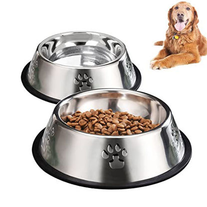 Picture of 2 Stainless Steel Dog Bowls, Dog Feeding Bowls, Dog Plate Bowls with Non-Slip Rubber Bases, Medium and Large Pet Feeder Bowls and Water Bowls (L-33.8oz)