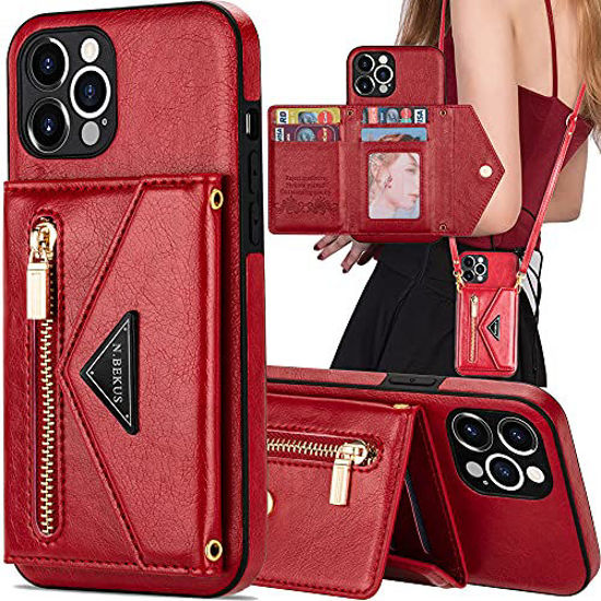 GetUSCart- iPhone 13 Pro Max Wallet Case with Crossbody Strap for  Women/Men,Auker Slim Protective Leather Flip Kickstand Magnetic Clasp  Zipper Pocket Purse Folding Phone Case with Wallet&4 Card Holder Red