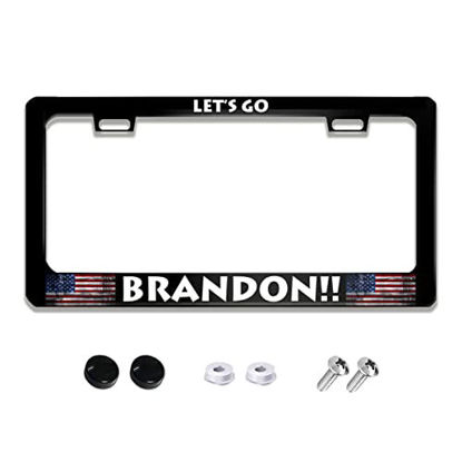 Picture of Lets Go Brandon License Plate Frame with American Flag Quality Metal Aluminum Black Car Cover Tag Holder Frames with 2 Holes and Screws 12 x 6 Inch Decoration for US Vehicles Standard for Women Men