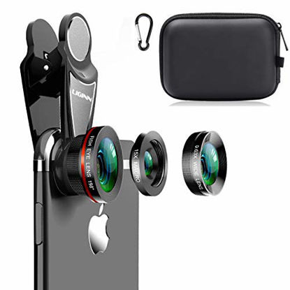 Picture of KINGMAS 3 in 1 Universal 198° Fish Eye Lens + 0.63X Wide-Angle Lens + 15X Macro Clip Camera Lens Kit for iPad iPhone Samsung Android and Most Smartphones (Black 3-in-1 (Upgrade))