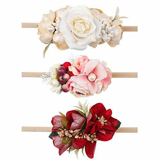 Owlbud Baby Girl Flower Headbands 2-Pack – Soft Lace Elastic Hairbands For Newborns & Special Events - View #7