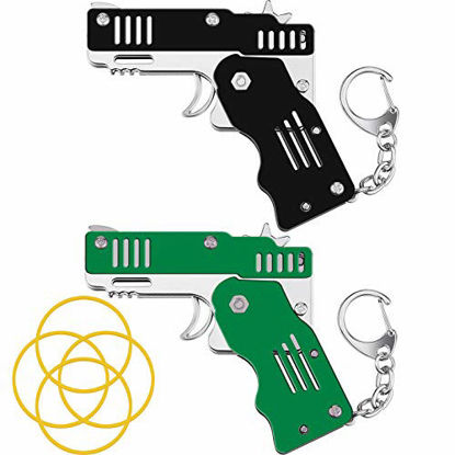 Picture of 2 Packs Rubber Band Gun Toy Mini Metal Folding Rubber Gun Rubber Launcher Toy Gun with Keychain for Shooting Game Outdoor Activities (Black and Green)
