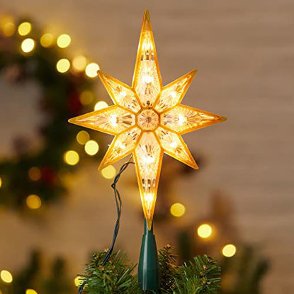 Picture of 11 Christmas Star Tree Topper Retro Acrylic Golden Bethlehem Star Treetop Built in 10 Bulbs Polar Star Topper Plug in Green Cord (4 Bulbs 2 Fuses Spare) for Christmas Tree Decorations ,Clear
