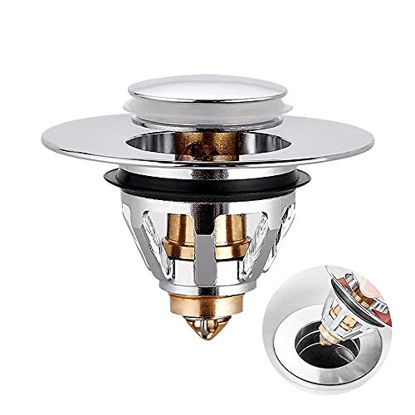 Picture of 2021 Upgrated Universal Wash Basin Bounce Drain Filter Stainless Steel Push-Type Bounce Core No Overflow Pop Up Sink Drain Plug with Basket for Kitchen and Bathroom
