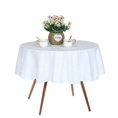Picture of JYFLZQ White Sequin Tablecloth 50''Round Sparkly Drape Table Cloths Table Cover Overlay for Wedding Birthday Party Baby Bridal Shower